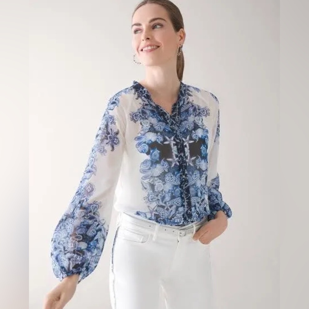 White House Black Market Blue and White Seashell Blouse